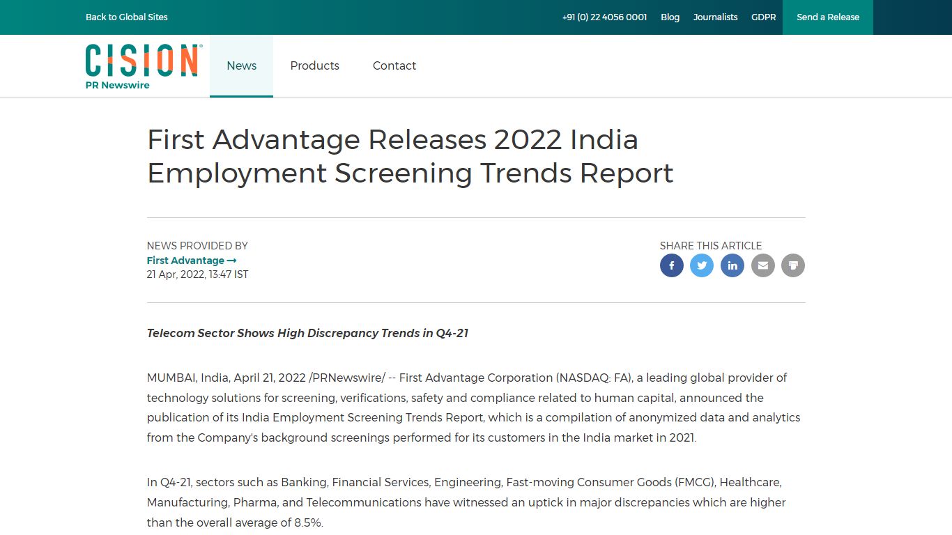 First Advantage Releases 2022 India Employment Screening Trends Report